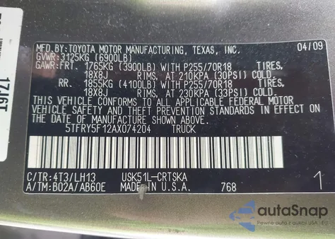 2010 Toyota Tundra Grade 5.7L V8 z USA, uszkodzony, nr VIN 5TFRY5F12AX074204